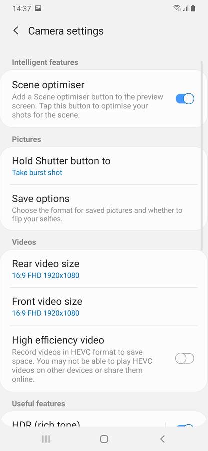 samsung a10s camera settings
