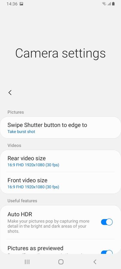 samsung a10s camera settings