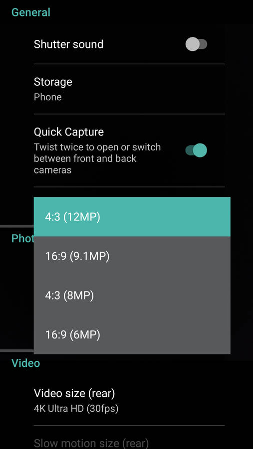 Moto G5 Plus Picture Size Options